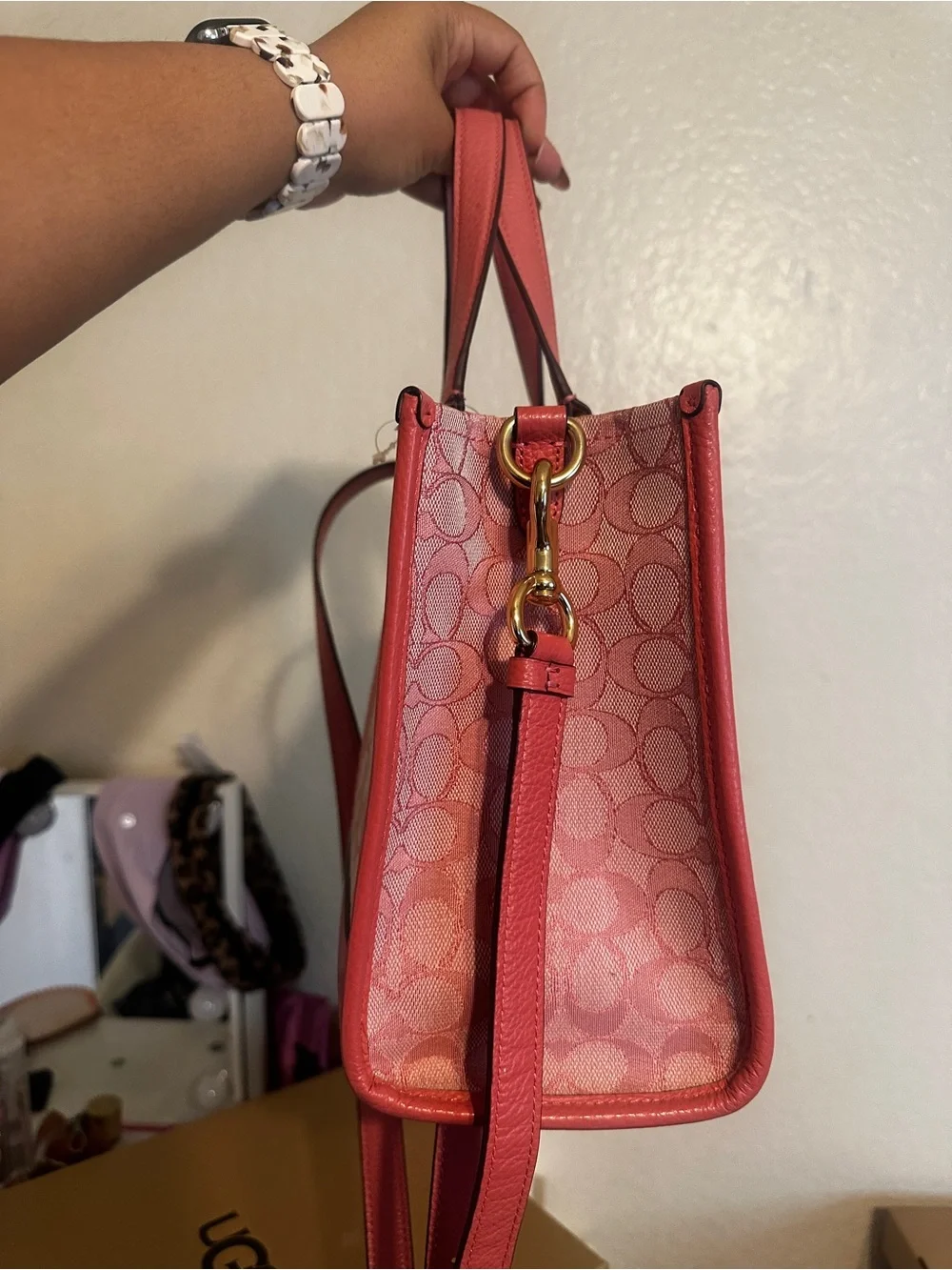 Coach Pink Signature Stripe Tote with Leather Trim